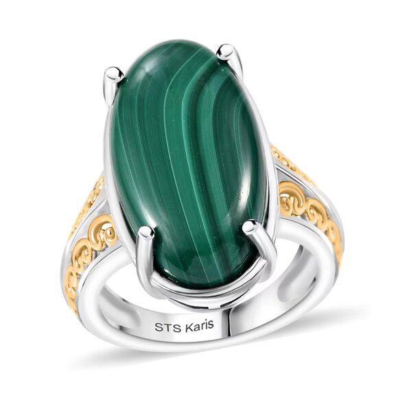 Women's African Green Malachite Solitaire Silvertone Ring in Size 8 - Picture 1 of 4